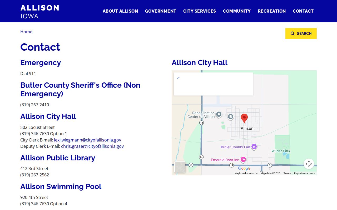 City of Allison contact page showing the older sheriff non-emergency number