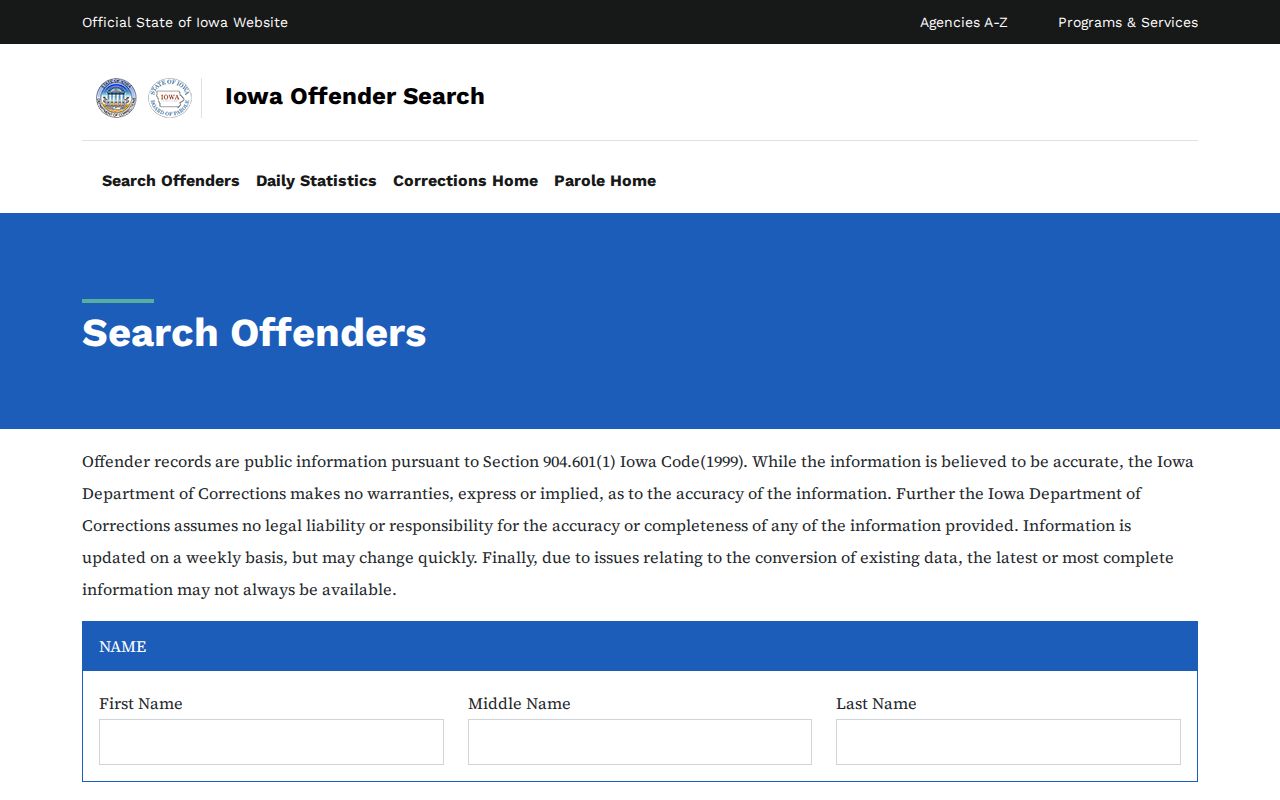 Blank Iowa Department of Corrections offender search form